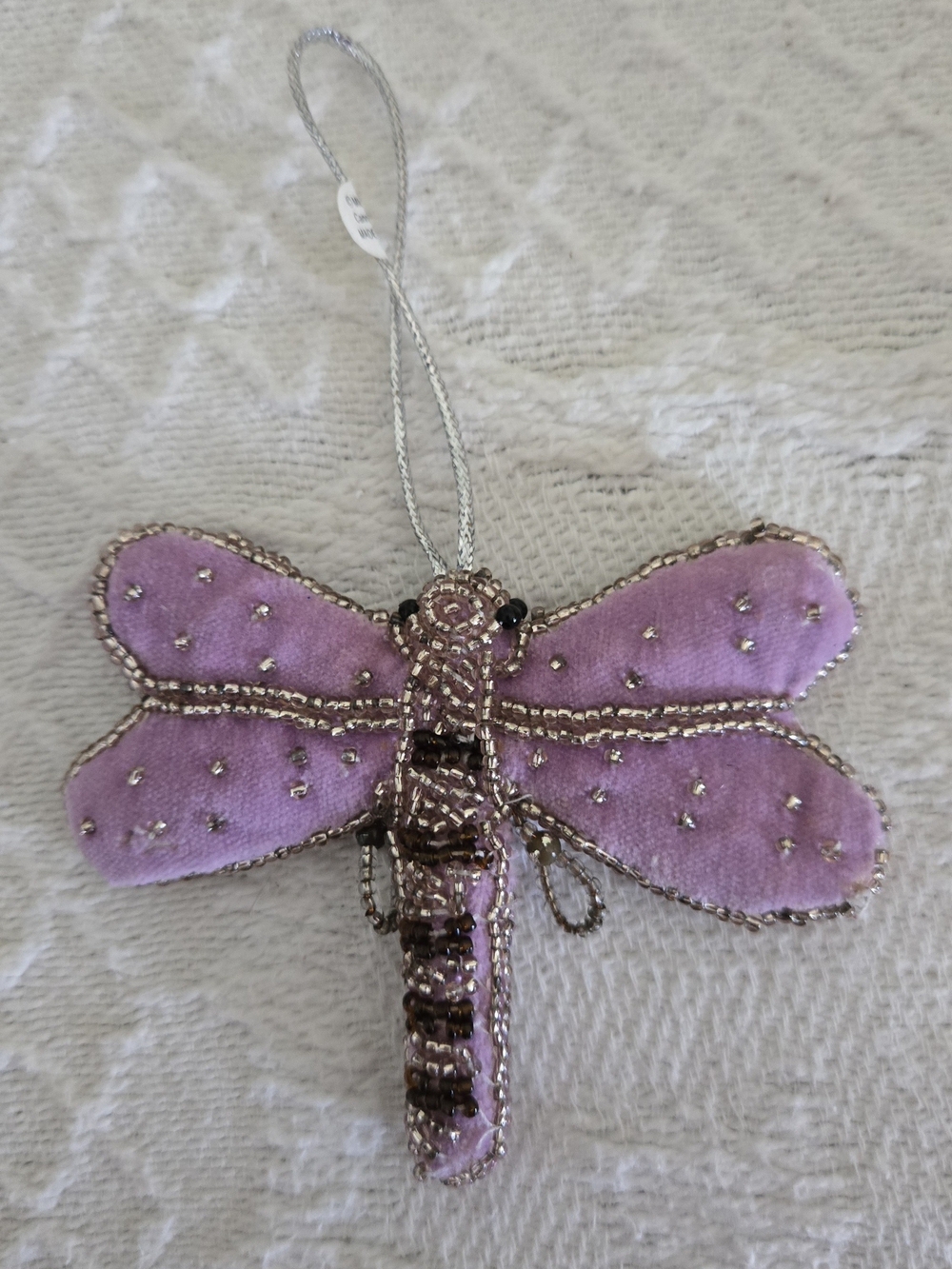 Velvet Beaded Dragonfly Hanging Ornament - Lavender